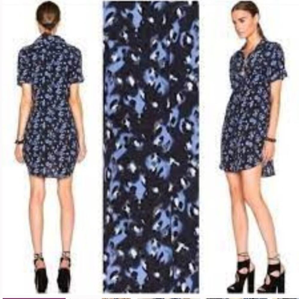 EQUIPMENT $325 SILK Button Down Shirt Dress Blue Leopard Print Size Small EUC